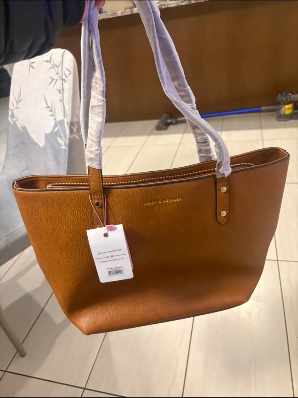 Poppy & Peonies Cognac Faux Leather Tote